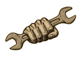 Vintage Illustration Of A Hand Holding A Wrench Tool On Transparent Background