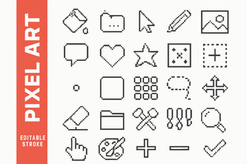 A collection of 25 PIXEL ART -related editable stroke line icons