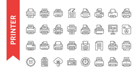 Printer & Print Line Icons - Editable Vector Set for Document Output & Office Functions in UI/UX