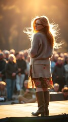 Obraz premium Warm golden hour light, blurred bokeh, fine art photograph of a Finnish female teacher with fair skin, stylish glasses, and flowing light brown hair, wearing a flowery skirt, cozy sweater.