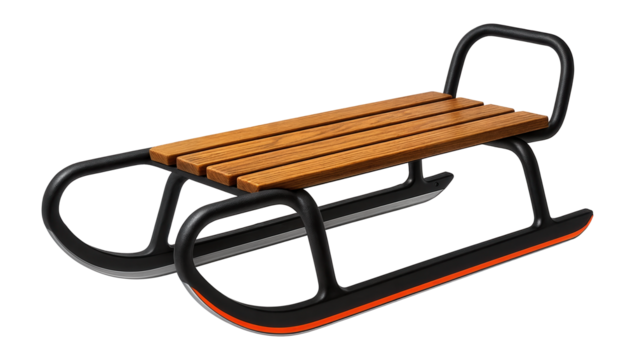 Metal toboggan with wooden slats and steel runners for snowy hills