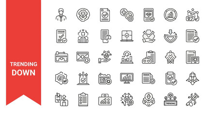 Trending Down Line Icons - Editable Vector Set for Market Decline & Negative Statistics in UI/UX