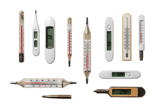 Various Thermometers On Black Background Isolated Photo Diagnostic Medical Devices