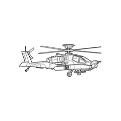 Obraz premium Black and white line drawing of an attack helicopter with rotors and weapons military helicopter aviation