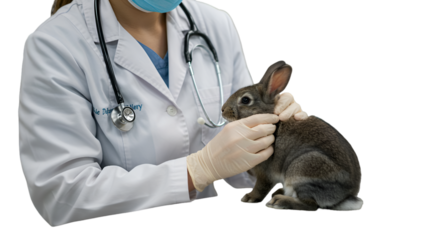 Vet Examining A Grey Rabbit Photo With Mask Gloves And White Coat Isolated
