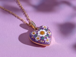 Delicate Enamel Daisy Heart Pendant on Purple Background – Jewelry Close-Up