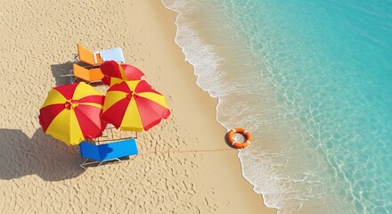 Naklejka premium Colorful beach umbrellas and float on sandy shore by turquoise water