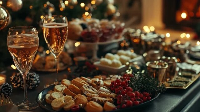 Immerse yourself in a delightful holiday setting. Indulge in an array of treats and drinks perfect for celebrations. Share moments of joy with loved ones. Generative AI.