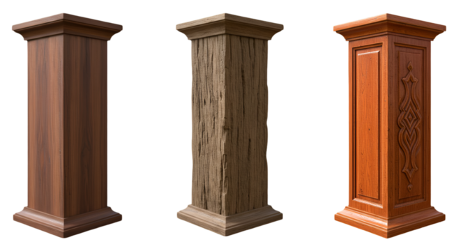 Three Detailed Wooden Columns on Transparent Background Illustration