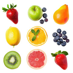 Top-down view of assorted fresh fruits.  Brightly colored, whole and sliced fruits arranged in a grid pattern.  Includes strawberries, apples, blueberries, pears, lemons, oranges, kiwi, and grapefruit