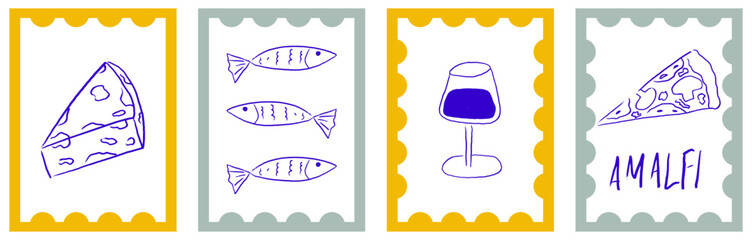 Mediterranean poster with stamp and food. Italy coastal summer poster with Mediterranean food in sketch hand drawn style