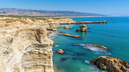 Fototapeta premium Stunning beach scene with a majestic cliff rising above the shoreline and turquoise waters below