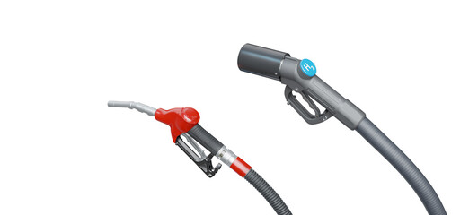 Hydrogen and gasoline fuel nozzles isolated transparent background. Visual representation for comparative analysis. 3D illustration