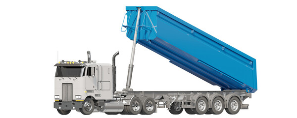 Orthogonal view of raised-body Dumper Truck isolated on transparent background. 3D illustration © Orange Dragon Studio