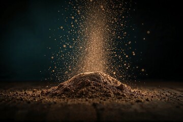 A dynamic cascade of fine brown soil powder falling onto a small mound against a dark, dramatic background.