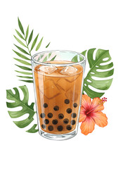 Tropical Watercolor Illustration Of Bubble Tea With Leaf And Hibiscus