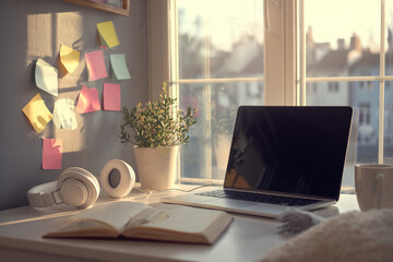 Fototapeta premium Workplace setup by window displays home office. Laptop, headphones, book, coffee mug, indoor plant are on desk. Good for marketing, web design, editorial.