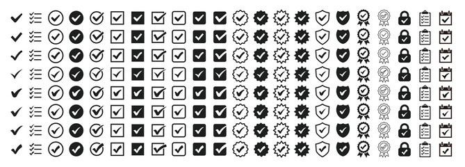 Simple checkmark icon set.Various icon sets related to the check mark (uality certify sign, Approval check, shield, clipboard, reservation, calendar, official mark)