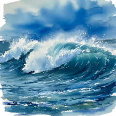 Watercolor Illustration Of A Powerful Wave Crashing With Blue And White Water