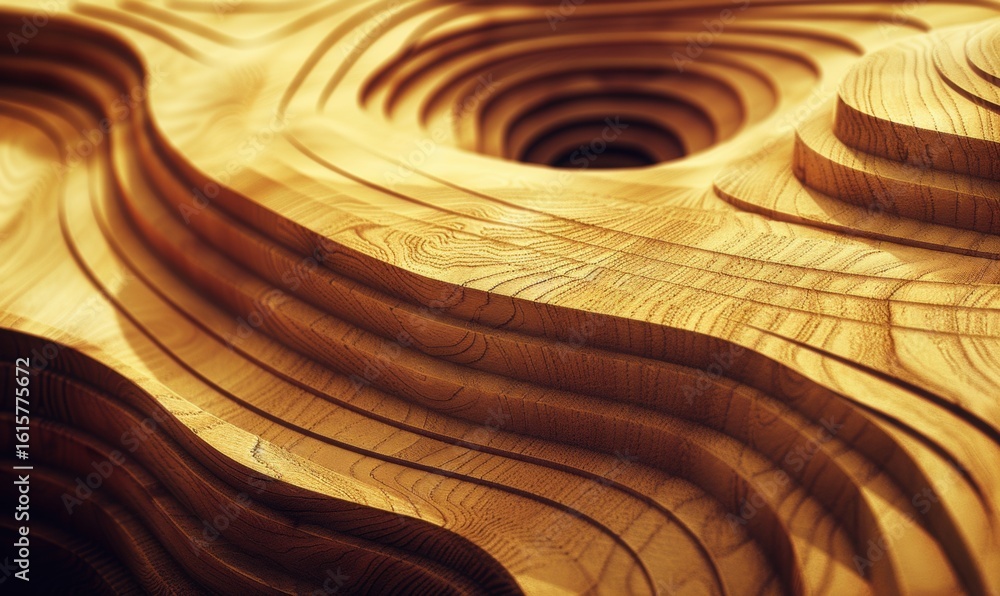 Poster wooden topographical model displaying contours and intricate layered patterns