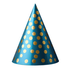 Blue party hat with gold pattern of dots isolated on transparent background