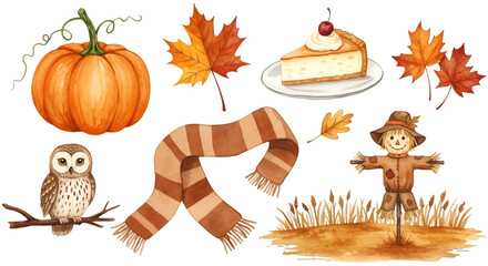 Watercolor Illustration Of Autumn Harvest Elements On Isolated Background