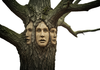 Surreal Illustration Of Wooden Faces Emerging From A Tree Trunk On Black Isolated Background