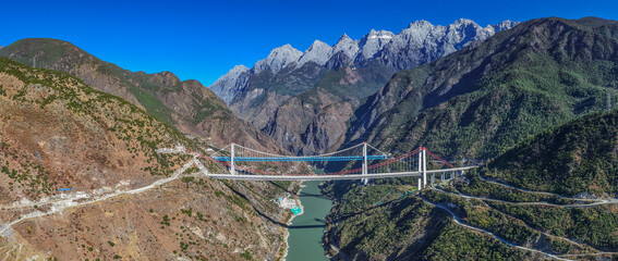 Aerial view of the Jinsha River Special Bridge in Tiger Leaping Gorge, Yunnan Province