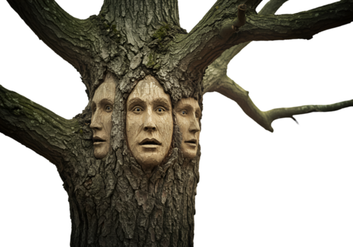 Surreal Illustration Of Wooden Faces Emerging From A Tree Trunk On Black Isolated Background - Powered by Adobe