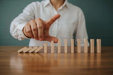 A business person's hand showing strategic intervention to stop the domino effect, representing crisis management and problem-solving.
