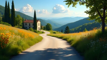 Idyllic Tuscan Countryside Road Leading to a Charming Villa Under a Blue Sky