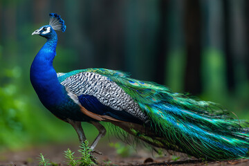 Stunning real photo of a peacock walking in the forest with glowing blue and green feathers © Adrita