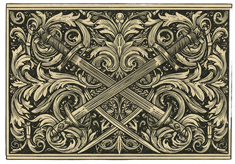 Vintage Illustration Of Crossed Swords And Floral Ornament In Black And White