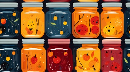 Colorful jars filled with fruits and vegetables create a vibrant display. This image captures the charm of homemade preserves in a lively, graphic style. Perfect for kitchen decor. AI