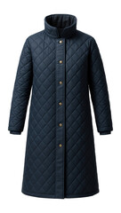 Longline quilted coat with high collar and snap buttons in navy blue
