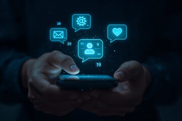 A person's hands holding a smartphone, interacting with futuristic, glowing social media notification icons for likes and messages.