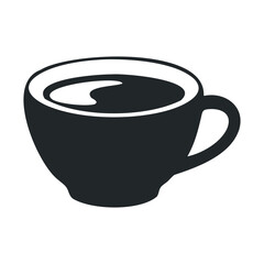 Minimalist black coffee cup icon on white background