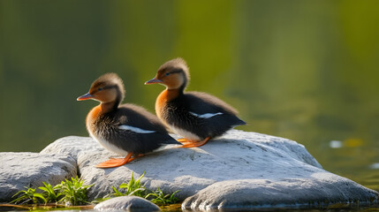 Red-breasted merganser chicks sitting on the stone. The red-breasted merganser (Mergus serrator). Natural habitat. Wild conditions. Ladoga Lake. Russia.