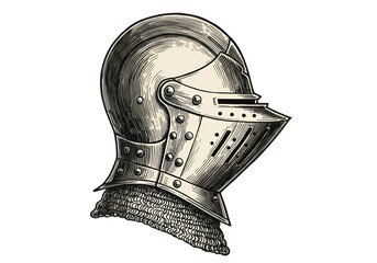 Vintage Illustration Of A Knight Helmet In Black And White On Isolated Background