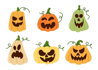 Set of Halloween pumpkins with cut out spooky faces, perfect for stickers, party invitations, digital scrapbooking and holiday fall decor.