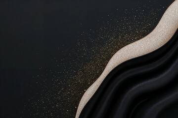 Elegant abstract background with flowing black silk fabric and a shimmering wave of golden glitter