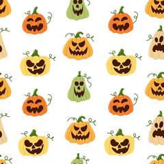 Seamless vector pattern with Halloween pumpkins with different spooky and funny faces on white background. Perfect for party decor, wrapping paper, fabric prints and seasonal crafts.