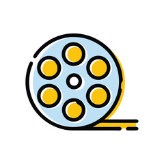 Stylized illustration of a vintage film reel with a light blue background and yellow accents representing cinema and entertainment