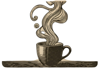 Vintage Illustration Of Coffee Cup With Rising Steam Isolated Transparent Background