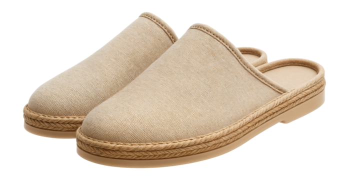 Linen house mules with jute trim and open back