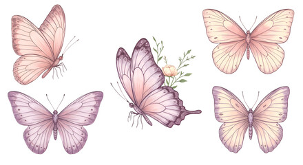 Watercolor Butterfly Illustration With Pink Floral Elements Isolated on Transparent