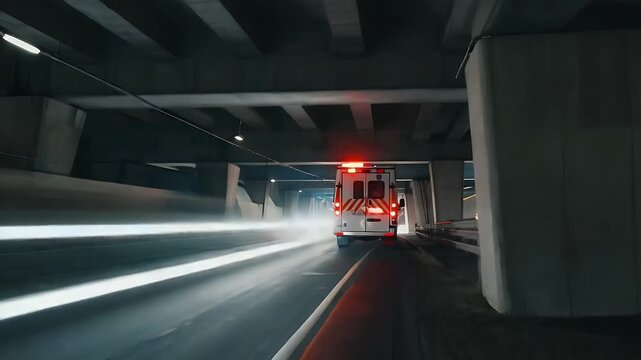 Emergency ambulance navigating through an underground tunnel with red lights flashing in the background