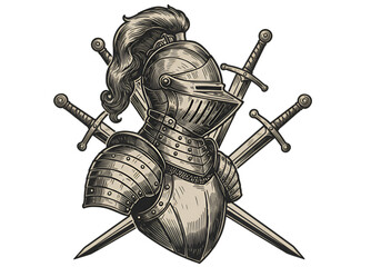 Vintage Knight Illustration With Armor And Swords On Black Isolated Background