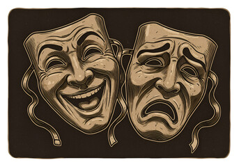 Vintage Illustration Of Theater Masks With Joy And Sadness Faces