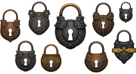 Vintage Metal Locks Isolated on Transparent Background Illustration